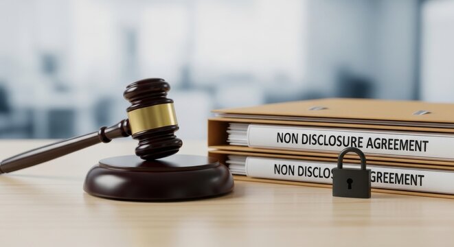 Non disclosure agreement document folders with judge gavel and padlock, legal NDA contract protection, corporate law and privacy compliance