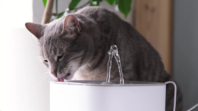 Cat drinking from automatic water fountain. Modern smart drinker for pet. Drinking fountain with replaceable filter, water quantity indicator, filter replacement at home. Prevention of urolithiasis