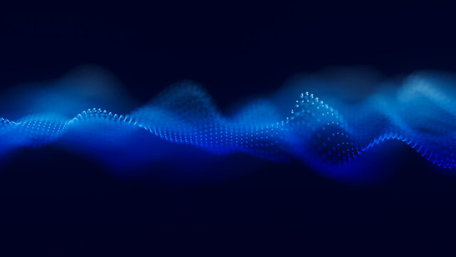 Audio blue waveform digital particle background. Abstract music dot waves equalizer. Futuristic sound wave visualization. AI synthetic voice technology. Tune print. Distorted frequencies.