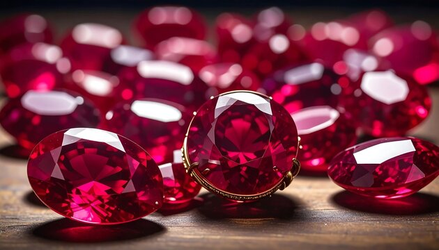 Close-up of richly hued, faceted gemstones scattered across a wooden surface, one centrally set in a gold ring