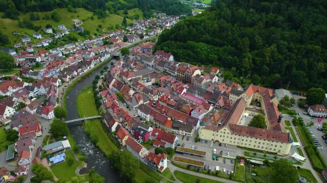  Aerial view of the old town city Wolfach in south Germany in the black forest . On a sunny day in Spring. 