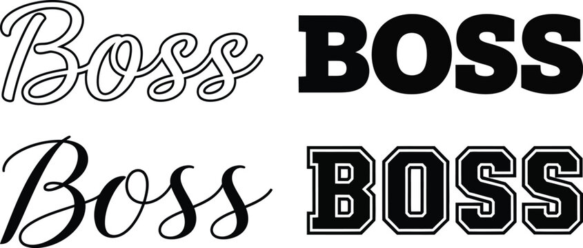 Diverse Styles of the Word 'Boss' in Typography From Elegant Script to Bold Block Letters, Showcasing Versatile Font Designs