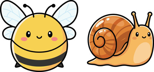 Cute chibi honeybee and snail character flat vector garden mascot set © MDABULKALAM