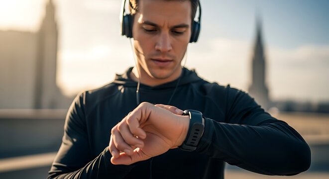 Man checking smartwatch during outdoor workout with headphones.