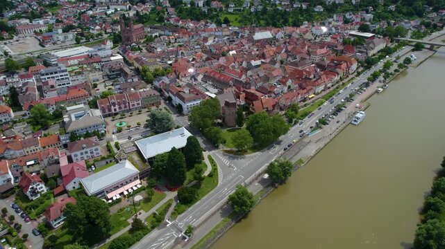 Aerial panorama view of the city Eberbach in Germany on a cloudy day in spring beside the Neckar river