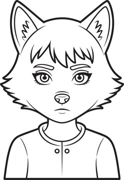 Wolf girl looking suspicious with raised eyebrow, cartoon character