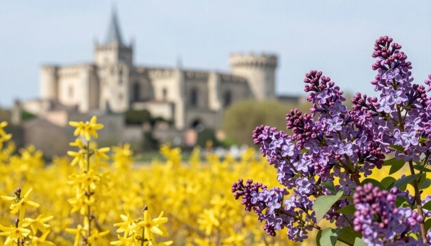 Palais des papes gothic fortress facade with blurred background. Medieval stone castle architecture surrounded by blooming spring flowers. Historical landmark in France during sunny season.
