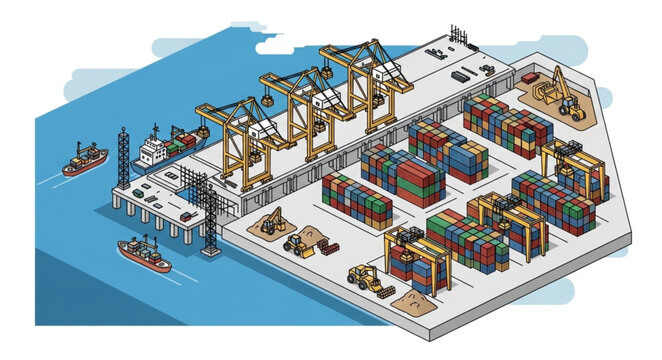 Aerial view of container port terminal with cranes.