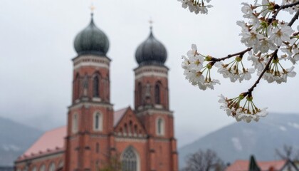 Fototapeta premium Frauenkirche Munich red brick domed towers view with blooming cherry blossom branch in foreground. Cloudy Bavarian spring atmosphere. Historic european architecture and nature concept.