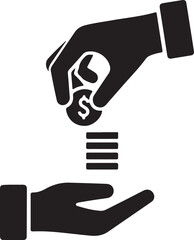 Fototapeta premium Financial donation icon vector, hand giving dollar coin to another hand, charity and investment concept, black flat silhouette symbol