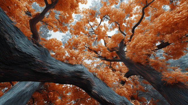 Abstract trees with vibrant orange leaves creating artistic composition from below