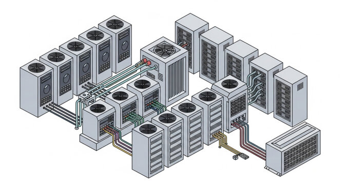Array of Cryptocurrency Mining Hardware Racks and Units.