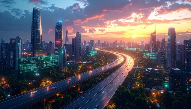夕暮れの空に輝く近未来スマートシティと高速道路のAI生成イラスト