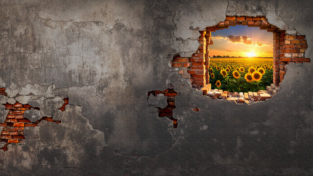 Surreal View of Sunflower Field at Sunset through Broken Arenaria Sandstone and Brick Wall