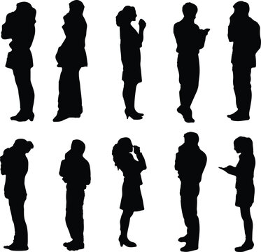 Collection of ten diverse black silhouettes depicting men and women communicating or engaging with mobile phones and other devices in various standing poses on a clean white background.