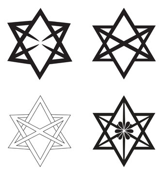 Thelema unicursal hexagram collection, interlaced six pointed star in solid and outline styles with floral variation, clean vector symbols isolated on background for occult, spiritual, and decorative 