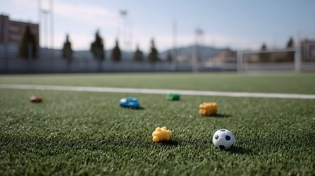 Miniature toys including a soccer ball are scattered on a bright green sports field under a clear sky