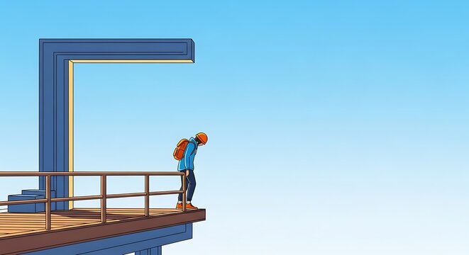 Man Standing on Edge of Diving Board Overlooking Ocean.