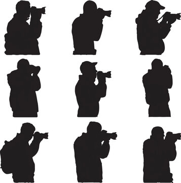 Collection of professional photographers holding modern digital cameras to capture high quality images while standing in various distinct positions throughout this set of dark silhouettes