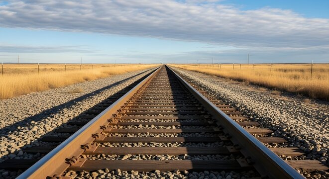 Endless Train Tracks Through Rural Landscape Under Blue Sky.