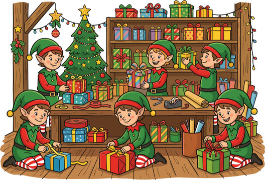 Christmas elves in Santa workshop packing gifts near decorated tree festive holiday preparation colorful cartoon vector illustration.eps