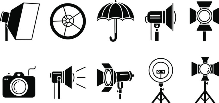 Camera day exploring photography equipment icons lights reflectors umbrellas and vintage cameras