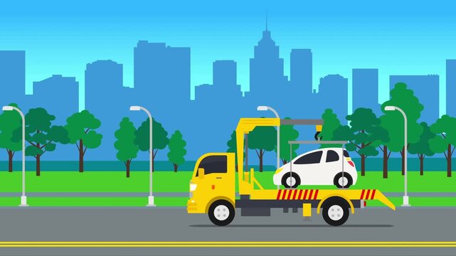truck evacuator towing a car on the city road street 2d animation video footage
