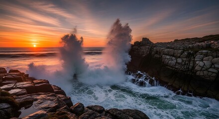 Fototapeta premium Ocean waves crash against rocky shoreline at sunset, with spray rising high, and sunset light reflecting on water, showcasing natural scenery and stone structure.