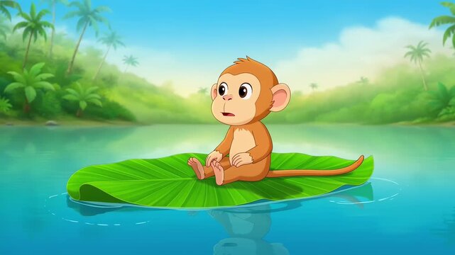 Cartoon monkey sitting peacefully on a green leaf raft floating on a calm river with lush green trees and a bright blue sky in the background