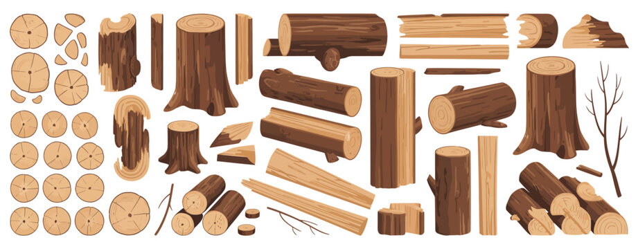 Cartoon wooden timbers vector set, tree logs and trunks, chopped firewood, stacked planks, and woodwork bars, clean illustrations of natural forest construction materials isolated for design projects.