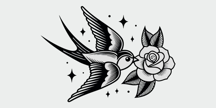 A traditional swallow and rose tattoo design in black and white