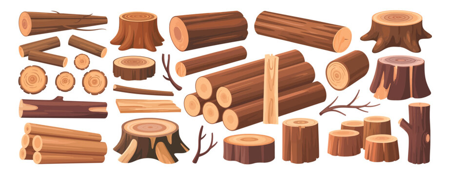 Wood logs and planks illustration collection, cartoon style tree trunks, firewood stacks, timber beams, and wooden elements, perfect for construction, carpentry, and nature-themed graphics.