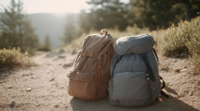Two backpacks on a dirt path in a forested area. the backpack on the left is brown and the one on the right is grey.