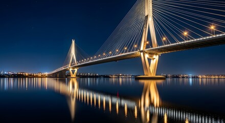 Obraz premium A majestic cable-stayed bridge illuminated at night spans across a serene body of water with reflections of its lights.