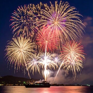 Stunning photo of colorful pyrotechnics exploding over a body of water at night. A vessel floats in the foreground