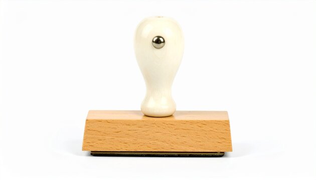 Wooden rubber stamp upright with white handle plain background