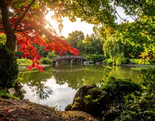 Fototapeta premium Serene garden view of a tranquil lake with bridge, lush foliage, and sunlight