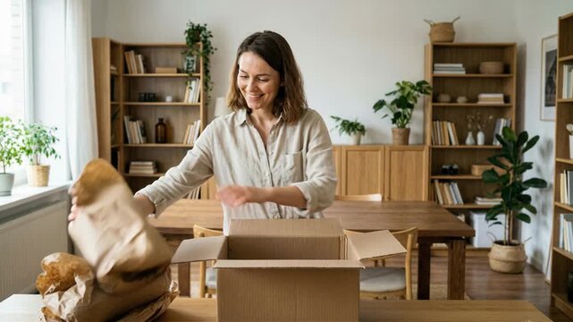 Woman unpacking cardboard box, carefully removing crumpled paper filling, and happily settling into a new home