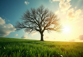 Fototapeta premium Leafless tree standing alone in a grassy field under a bright sky with clouds and sunlight illuminating the landscape during early morning or late afternoon