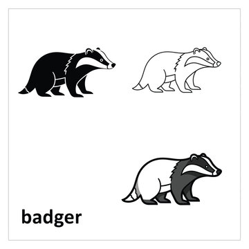 Badger vector illustration collection with silhouette line art and colored animal icons.