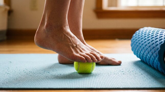 Bare foot stepping on a yellow tennis ball on a blue yoga mat near a foam roller, physical therapy exercise, plantar fasciitis relief, home workout.