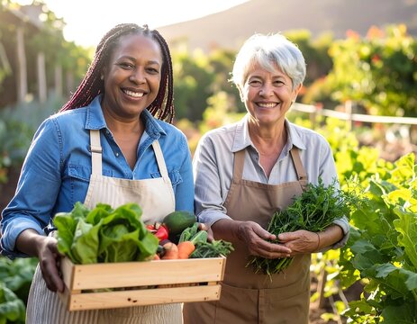 Two smiling women gardeners holding fresh produce in a lush, sunny, outdoor garden