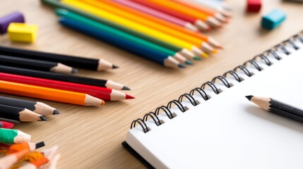 Fototapeta premium Creative Arrangement of Pencils and Sketchbook on Wooden Surface for Artwork