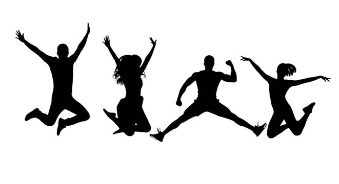 Four silhouettes joyfully jumping in unison against a plain background