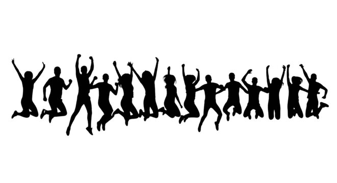 Group of people joyfully jumping in unison