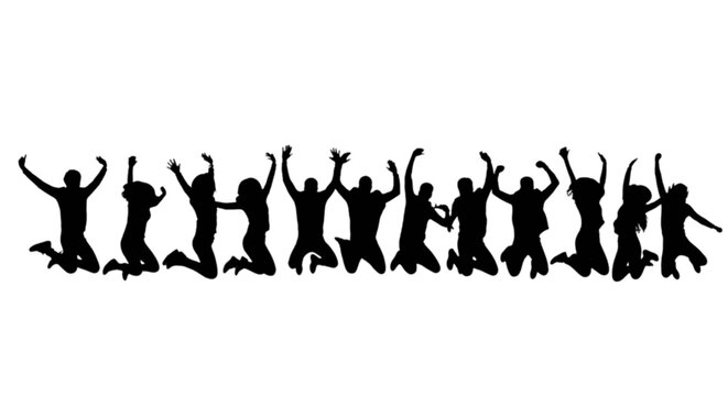 Group of people joyfully jumping and celebrating together in unison