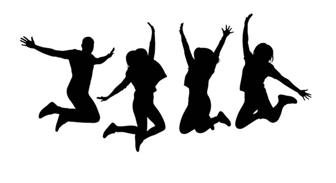 Four people joyfully jumping in unison with arms raised