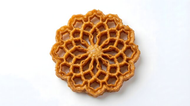 Top-Down View of Single Golden-Brown Honeycomb Kokis Cookie with Crispy Texture Isolated on White Background