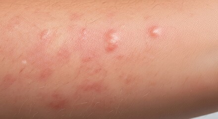 Fototapeta premium Close-up of an arm with a rash, showing red bumps and irritation on the skin, indicating an allergic reaction or insect bites