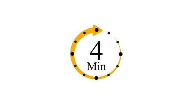 4 Minute Countdown Timer Animated yellow Arrow and black dots,white background with video animation.